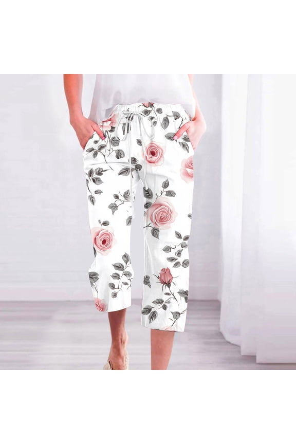 Summer Capri Pants for Women Boho Floral Print Casual Straight Leg Pants High Waisted Drawstring Beach Lounge pants with Pockets Multicolor#5 L
