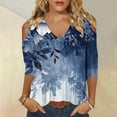 thumbnail image 1 of BiZtdJrK Summer Cold Shoulder Top for Women 3/4 Sleeve V Neck Vintage Floral Blouse Loose Comfy T Shirt Todays Deals Blue M, 1 of 5