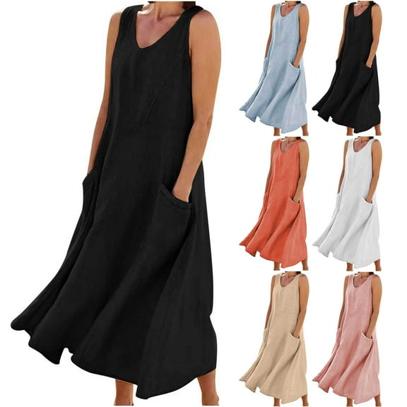 BiZtdJrK Summer Dresses for Women 2025 Casual Baggy Sleeveless V Neck Dress Loose Comfy Flowy Beach Vacation Sundress with Pockets Blue XXXL