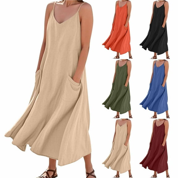 BiZtdJrK Summer Dresses for Women Cotton Linen Sleeveless Spaghetti Strap Long Dress Elegant Flowy Dressy Casual Beach Vacation Maxi Dresses with Pockets Wine S