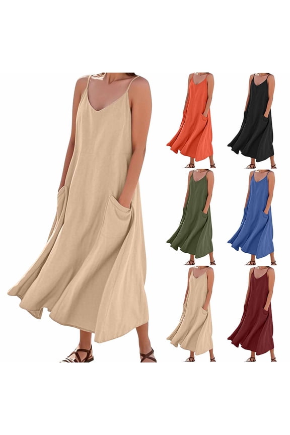 BiZtdJrK Summer Dresses for Women 2025 Cotton Linen Sleeveless Spaghetti Strap Long Dress Elegant Flowy Dressy Casual Beach Vacation Maxi Dresses with Pockets Khaki XL Lightning Prime Today