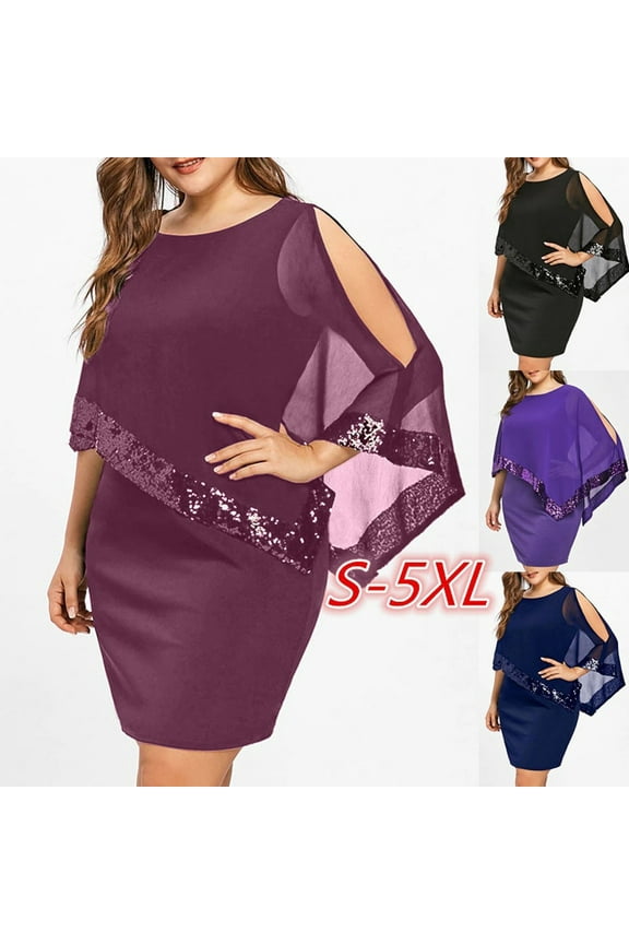 Summer Dresses for Women 2025 Plus Size Chiffon Batwing Sleeve Dress Casual Cold Shoulder Wedding Guest Dress Sequin Glitter Party Dress Sales for Today Purple XXL