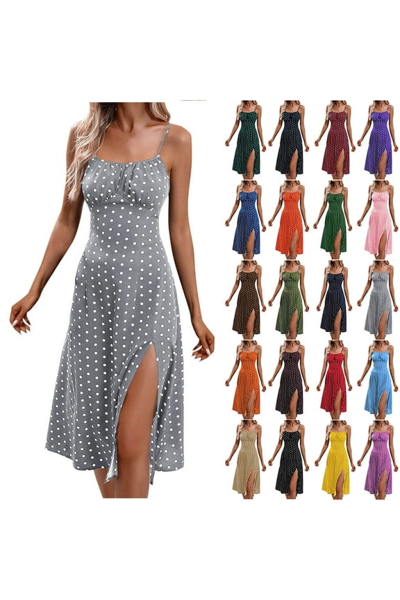 BiZtdJrK Womens Polka Dot Sundresses Spaghetti Strap Summer Dresses Slim Fit Side Slit Midi Dress Vacation Line Beach Dress Blue L