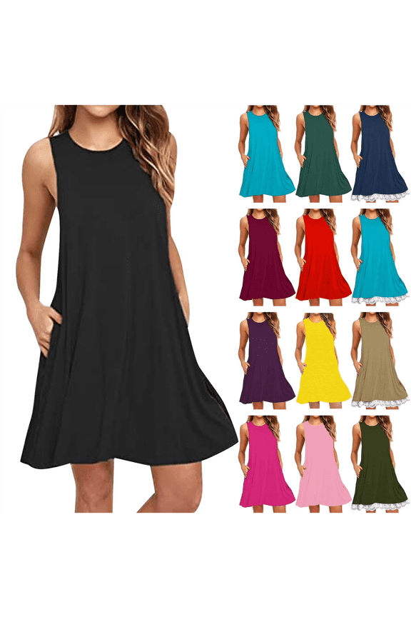 BiZtdJrK Summer Dresses for Women Solid Casual Sleeveless Tank Dress Vacation Beach Sundresses A Line Midi Dresses with Pockets Navy L