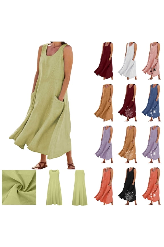 BiZtdJrK Summer Dresses for Women Cotton Linen Sun Dresses with Pockets Loose Plus Size Comfy Flowy Maxi Dress Sleeveless Tank Dresses Beach Vacation Clothes, Navy, M