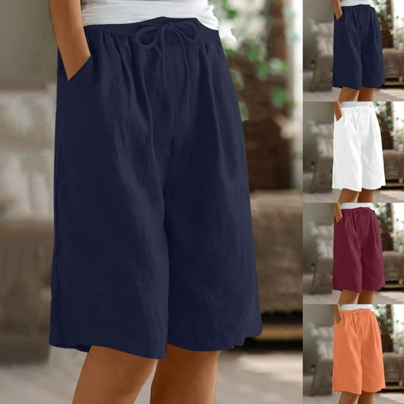 BiZtdJrK Bermuda Shorts for Women Cotton Linen Drawstring Elastic Waist Solid Casual Short Trousers Baggy Summer Beach Shorts with Pockets Orange M