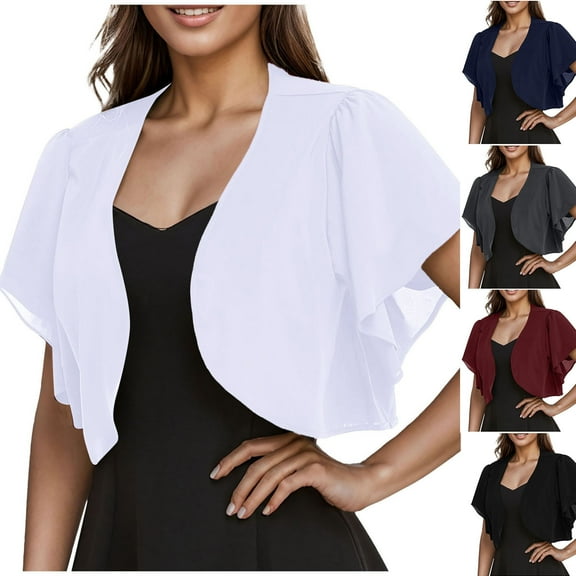 BiZtdJrK Summer Shrugs for Women Lightweight Open Front Chiffon Shrug Cardigan Ruffle Short Sleeve Sheer Cover Up