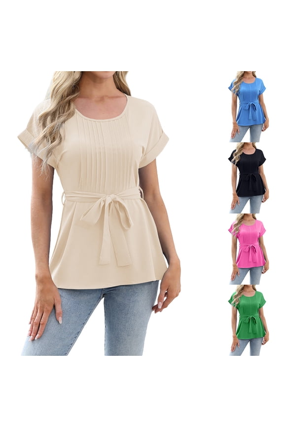 Summer Work Tops for Women Tie Waist Short Sleeve Casual T Shirts Pleated Fashion Tees Loose Fit Dressy Casual T Shirt Beige L