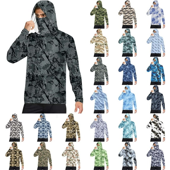 BiZtdJrK Sun Protection Long Sleeve Shirts for Man Neck Gaiter Hooded Shirt with Mask Summer Beach Cool Hoodie Going Out Tops Green L