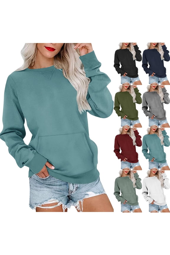 Sweat Shirts for Womens Crew Neck Long Sleeve Casual Sweatshirts Solid Loose Fall Pullover with Kangaroo Pocket Blue M