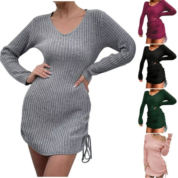 BiZtdJrK Sweater Dress for Women Drawstring Hem V Neck Long Sleeve Casual Knit Mini Dresses Slim Fit Fashion Sweaters Red XL