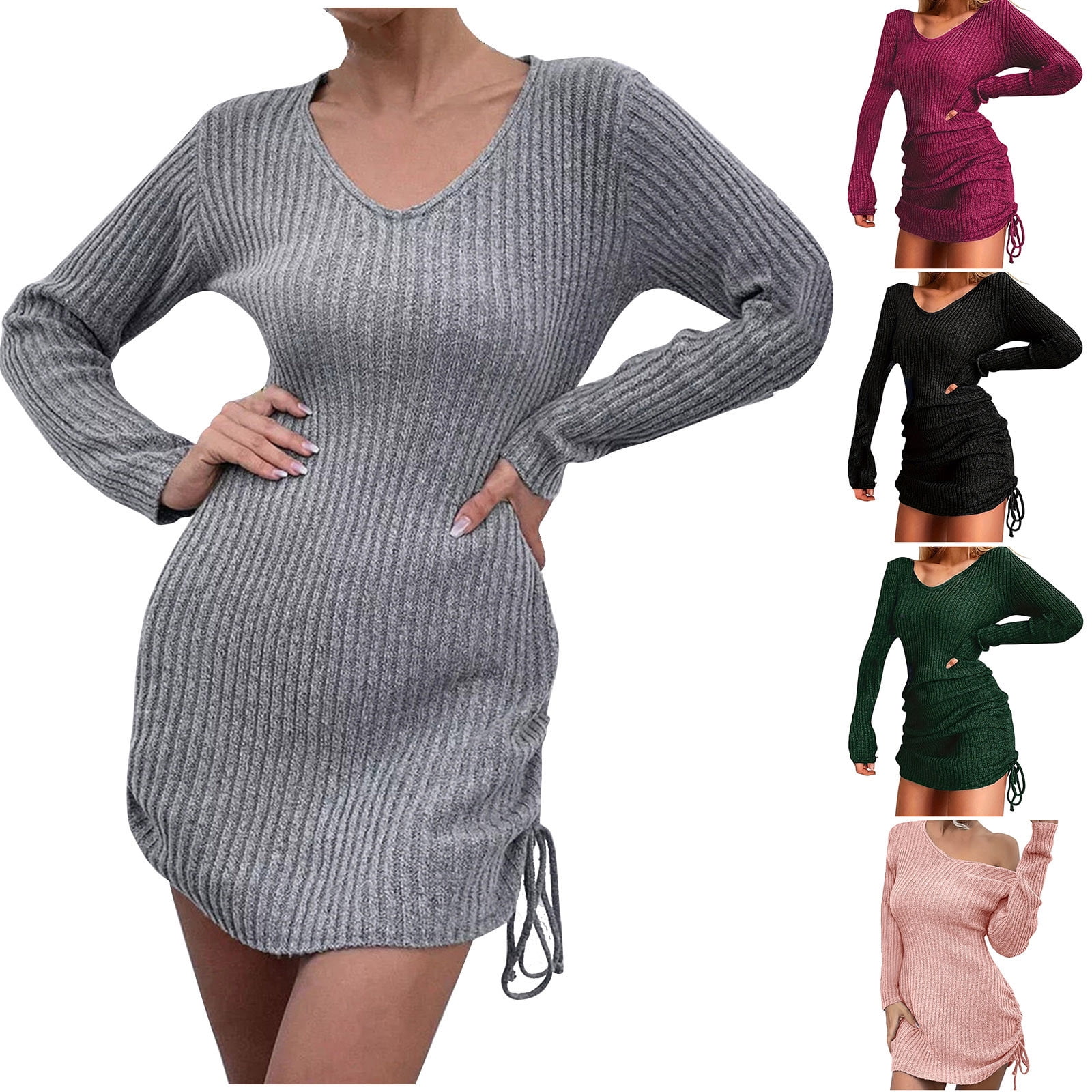 BiZtdJrK Sweater Dress for Women Drawstring Hem V Neck Long Sleeve ...