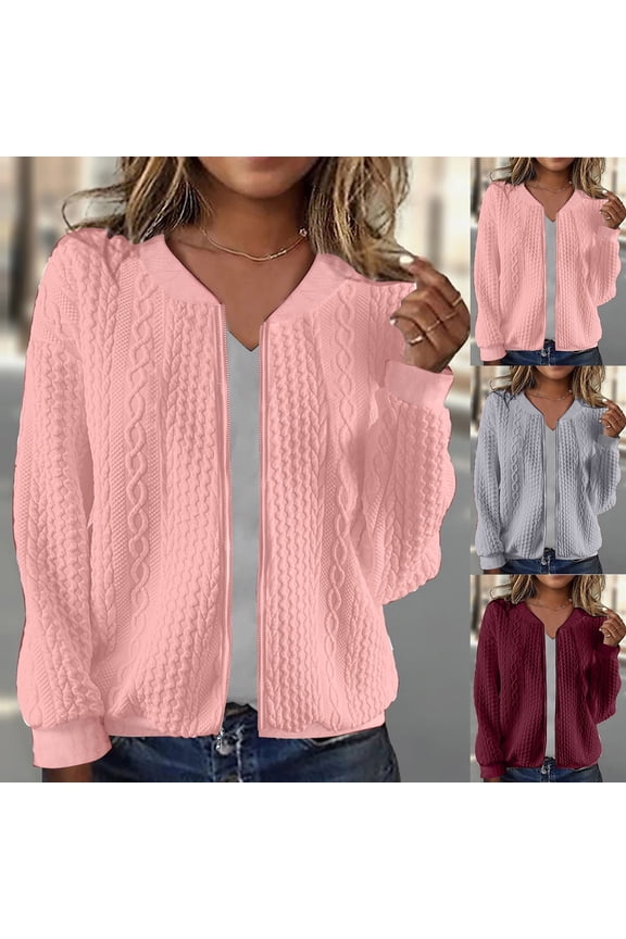 Sweater Jacket for Women Cable Knitted Zip Up Long Sleeve Casual Jacket Fashion Fall Sweaters Coat Wine XL