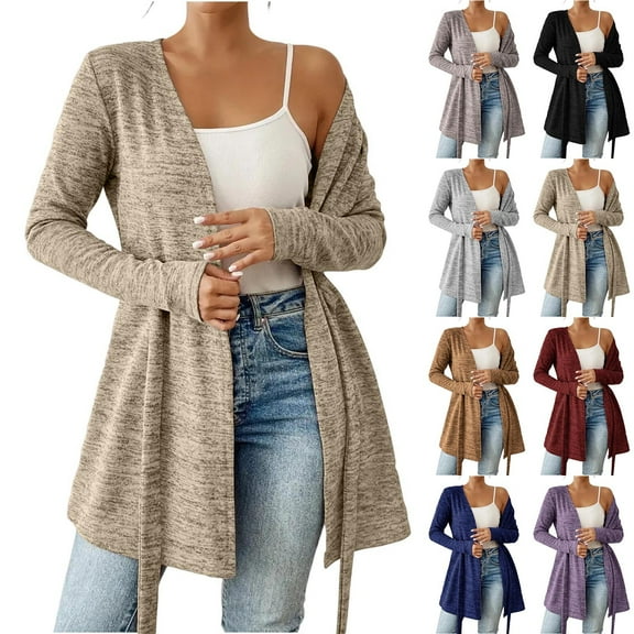 BiZtdJrK Sweaters Cardigan for Women Casual Bandage Waist Long Sleeve Shrugs Loose Solid Color Fall Cardigans Going Out Tops Blue L