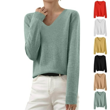 BiZtdJrK Sweaters for Women V Neck Long Sleeve Solid Knitted Tops Soft Breathable Casual Fall Sweater Relaxed Fit Pullover Top Birthday Gift Gold L