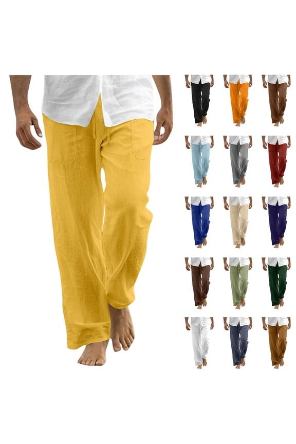 BiZtdJrK Sweatpants for Men Lightweight Cotton Linen Straight Leg Beach Pants Loose Fit Drawstring Elastic Waist Casual Lounge Trousers with Pockets, Black, S