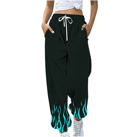BiZtdJrK Sweatpants Women Flame Print High Waist Fashion Casual Trousers Drawstring Loose Fit Jogger Pants with Pockets Black S