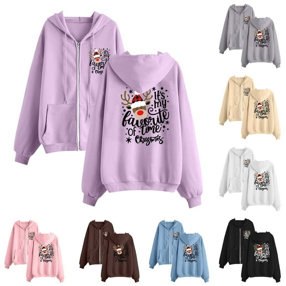 BiZtdJrK Sweatshirts Jackets for Women Full Zip Long Sleeve Hoodies Christmas Funny Graphic Printed Hooded Jackets Going Out Tops with Pockets Daily Sales Clearance Purple S
