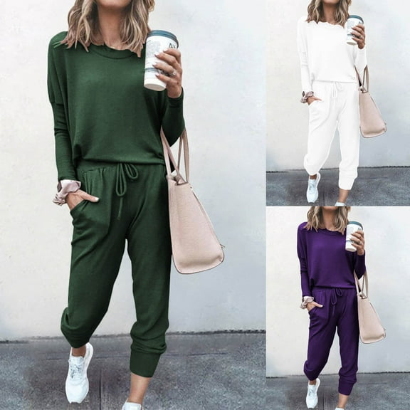 BiZtdJrK Sweatsuit for Women Jogger Athletic 2 Piece Outfits Crewneck Long Sleeve Tops and Drawstring Pants Workout Sets with Pockets White L