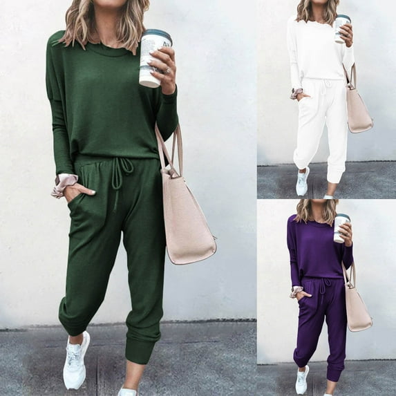 BiZtdJrK Sweatsuit for Women Jogger Athletic 2 Piece Outfits Crewneck Long Sleeve Tops and Drawstring Pants Workout Sets with Pockets White M