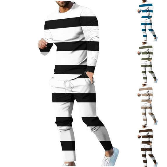 BiZtdJrK Sweatsuits for Men 2 Piece Round Neck Long Sleeve Pullover Tops and Drawstring Pants Set Big and Tall Striped Print Jogging Sportwear Daily Deals Clearance Khaki XL