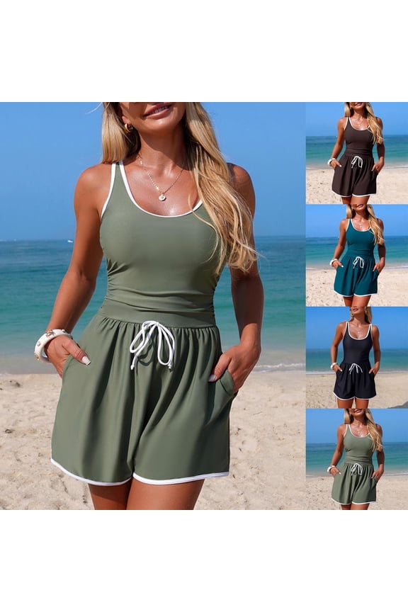 BiZtdJrK Swim Romper for Women Drawstring Stretch Sleeveless One Piece Swimsuits Comfy Solid Beach Summer Bathing Suits with Pockets Army Green M