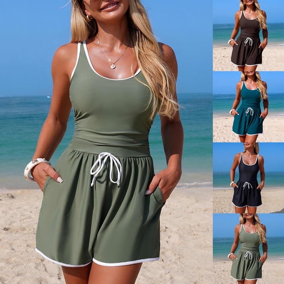 BiZtdJrK Swim Romper for Women Drawstring Stretch Sleeveless One Piece Swimsuits Comfy Solid Beach Summer Bathing Suits with Pockets Coffee S