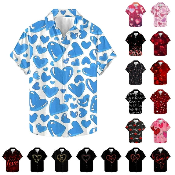 BiZtdJrK T Shirts for Man, 2025 Valentine Day Gifts Cute Print Loose-Fit Lapel T-Shirt Vacation Beach Tops Multicolor L Lightning Sale