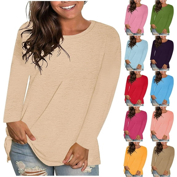 BiZtdJrK T Shirts for Women Oversized Crew Neck Long Sleeve Casual Shirt Solid Basic Tees Buttery Soft Fall Tops Khaki XL