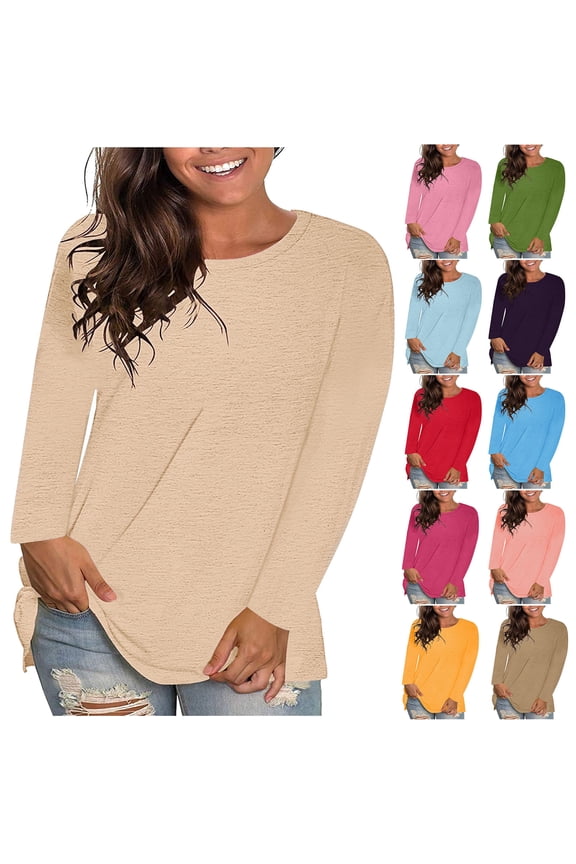 T Shirts for Women Oversized Crew Neck Long Sleeve Casual Shirt Solid Basic Tees Buttery Soft Fall Tops Khaki XL