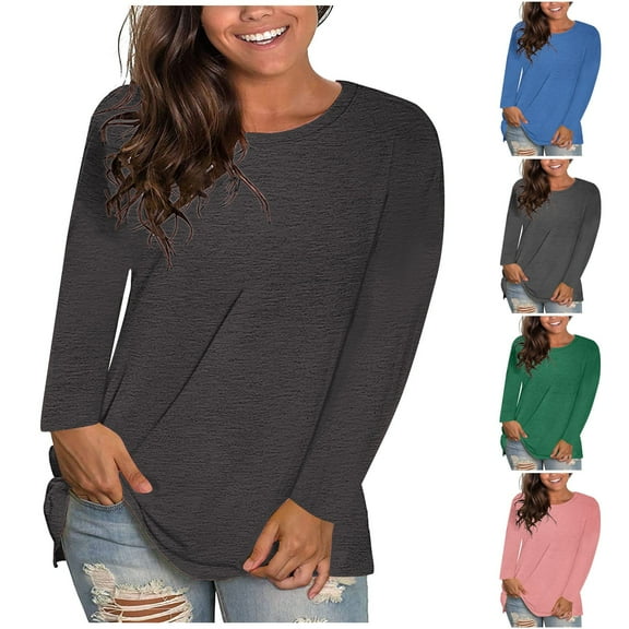 BiZtdJrK T Shirts for Women Plus Size Round Neck Long Sleeve Casual T Shirt Soft Loose Lounge Tops Solid Basic Fall Tees Black XXXXL
