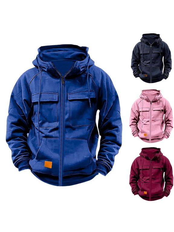 Tactical Hoodies for Men 2025 Full Zip Long Sleeve Workout Cargo Sweatshirt Solid Casual Hooded Pullover Jackets with Pocket Blue L Today Prime Sales