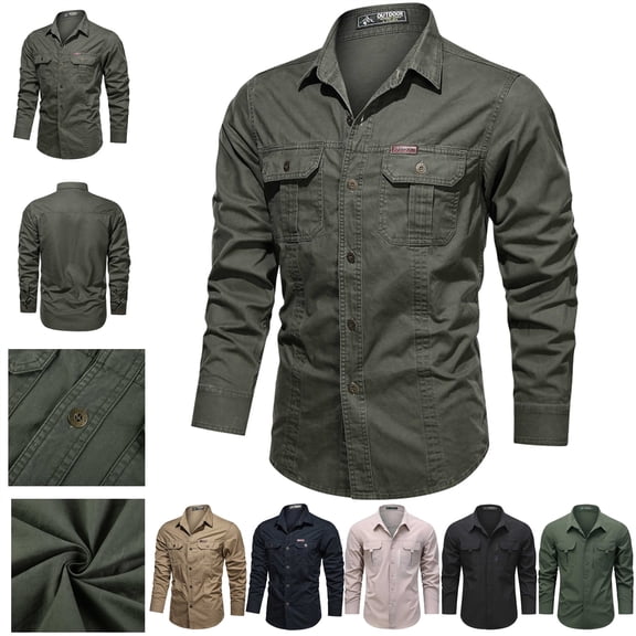 BiZtdJrK Tactical Shirts for Men Big and Tall, Outdoor Casual Button Down Blouse Jackets Solid Color Work Tops Long Sleeve Shirts with Pockets, Army Green, XL