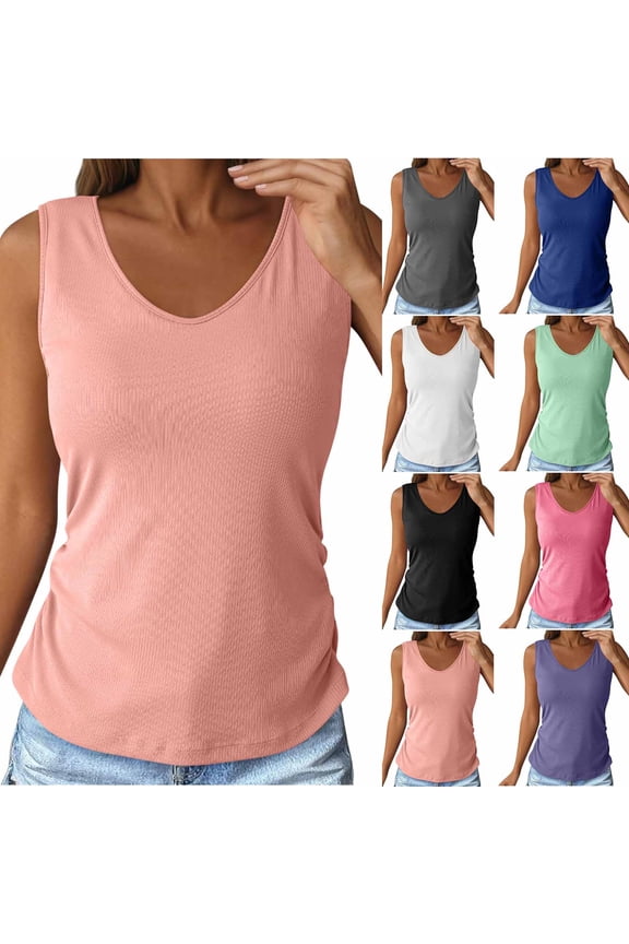 Tank Tops with Built in Bra for Women Summer Solid V Neck Sleeveless Tops Side Ruched Cami Shirts Gray L