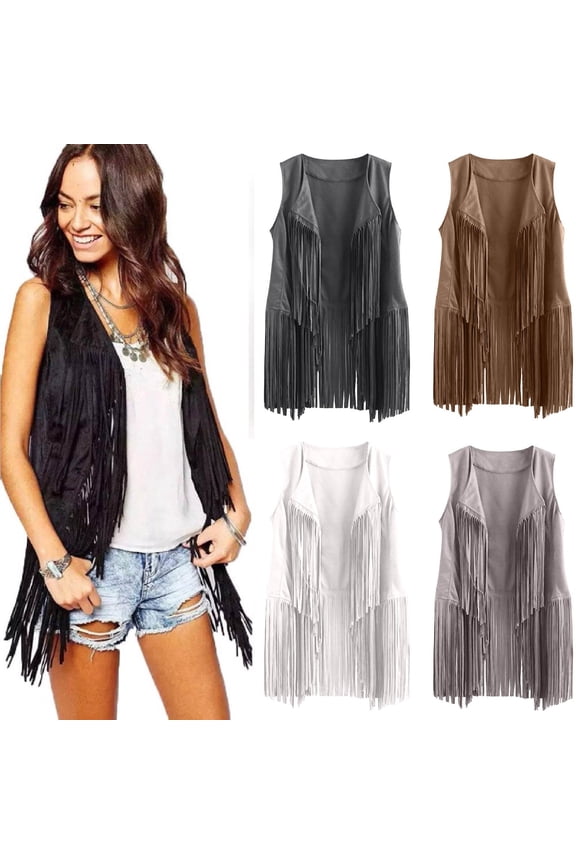Tassels Cardigans for Women 70s Hippie Faux Suede Vests Solid Casual Sleeveless Fringe Jacket Open Front Waistcoat Outwear Tops Holiday Sales Gray M