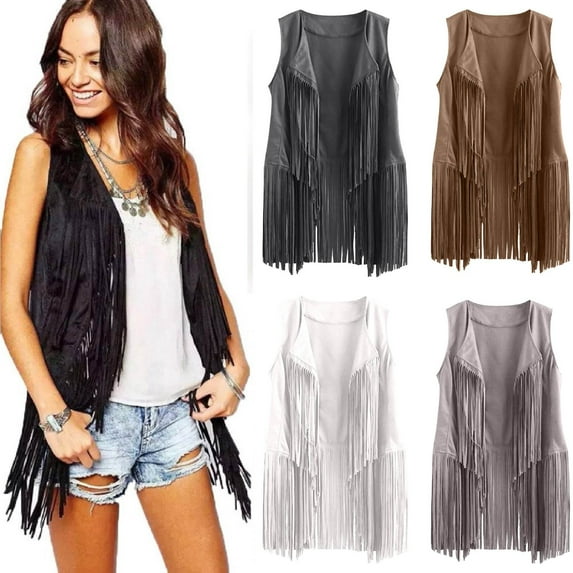 BiZtdJrK Tassels Cardigans for Women 70s Hippie Faux Suede Vests Solid Casual Sleeveless Fringe Jacket Open Front Waistcoat Outwear Tops Prime Sales of The Day White S