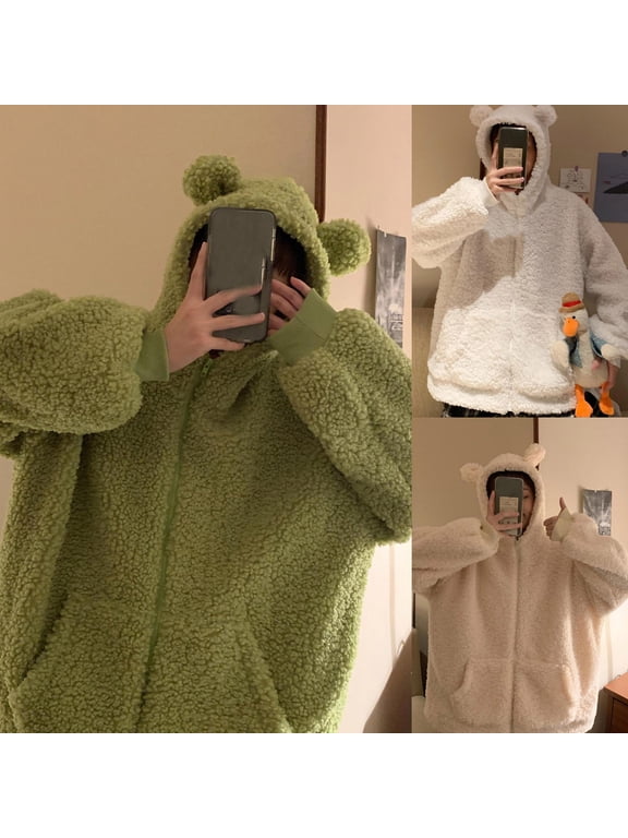 Teddy Fleece Jacket Women Cute Bear Ears Long Sleeve Zipper Hooded Jackets Loose Comfy Casual Winter Sweatshirt Coats with Pockets White XXL