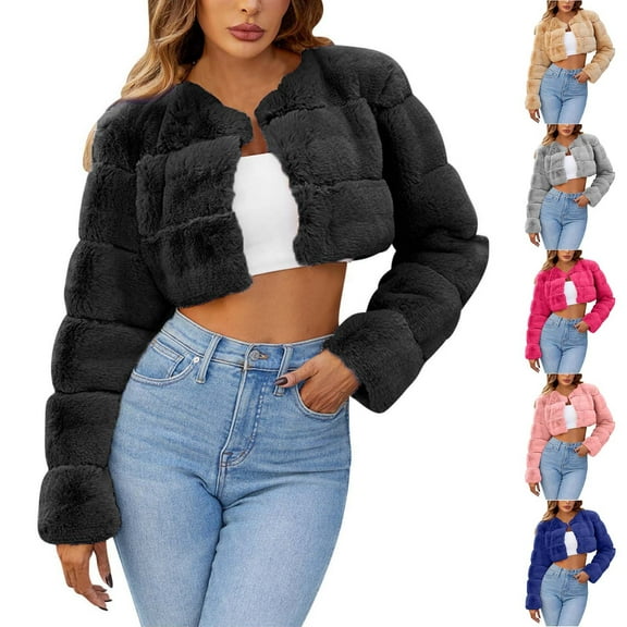 BiZtdJrK Today Prime Sales Faux Fur Coats for Women Laple Neck Cropped Winter Warm Outwear Long Sleeve Open Front Casual Teddy Jacket Black XXL
