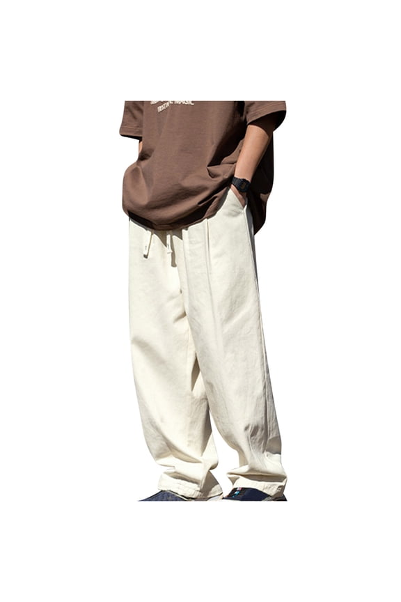 Men's Baggy Cargo Pants Drawstring Waist Parachute Pants Outdoor Lightweight Hiking Trousers Wide Leg Y2K Casual Track Pants with Pockets Hip Hop Streetwear Beige L