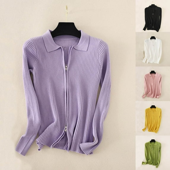 BiZtdJrK Today's Sales of the Day Knit Cardigans for Women Casual Two-Way Zipper Ribbed Sweater Solid Color Slim Fit Long Sleeve Lapel Cardigan Sweaters Pink