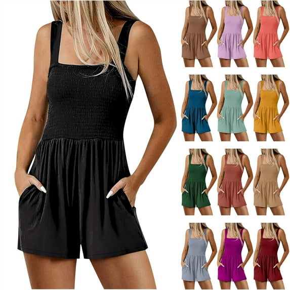 BiZtdJrK Today's Sales of The Day, Women's Summer Casual Smocked Rompers Square Neck Sleeveless Loose Short Jumpsuit Pleated Elastic Waist Onesie Shorts with Pockets Purple L