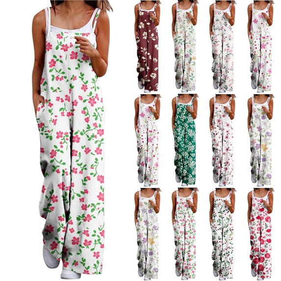BiZtdJrK Today's Sales, Womens Cotton Jumpsuits Sleeveless Spaghetti Strap Rompers Vintage Print Baggy Overalls Casual Onesie Wide Leg Pant with Pockets Gray M