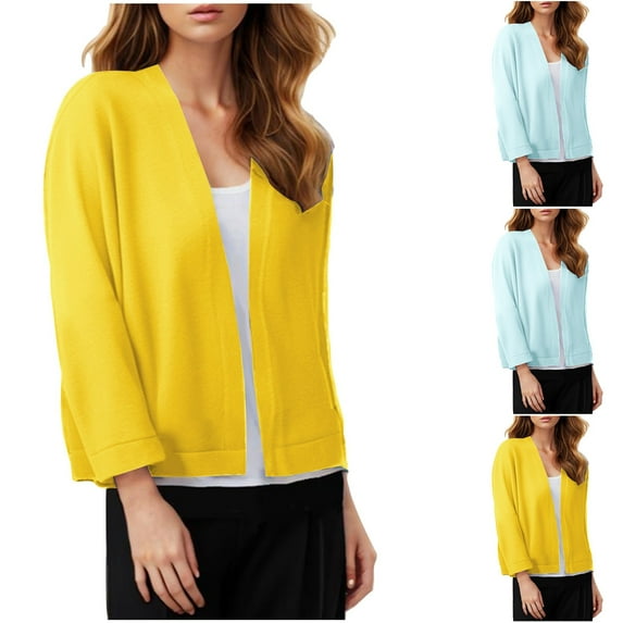 BiZtdJrK Todays Daily Sales Clearance 3/4 Sleeve Sweaters for Women Open Front Cropped Cardigan Solid Color Lightweight Knit Shrugs 2025 Fall Clothes Light Blue M