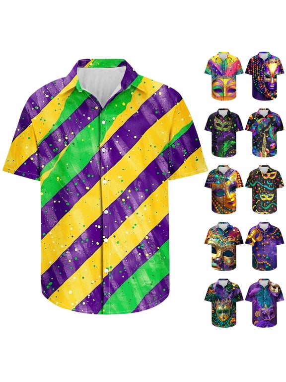 Todays Sale Carnival Costume for Men, Loose Fit Mask Print Button Down Cuban Shirts Casual Lapel Tropical Shirt Big and Tall Vacation Beach Tops Multicolor 5XL