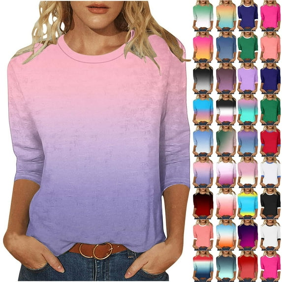BiZtdJrK Todays Sale Womens 3/4 Sleeve Tops Casual Dressy Round Neck Blouses Fashion Gradient Graphic Tee Shirts Summer Vacation Cute Tshirts Hot Pink M