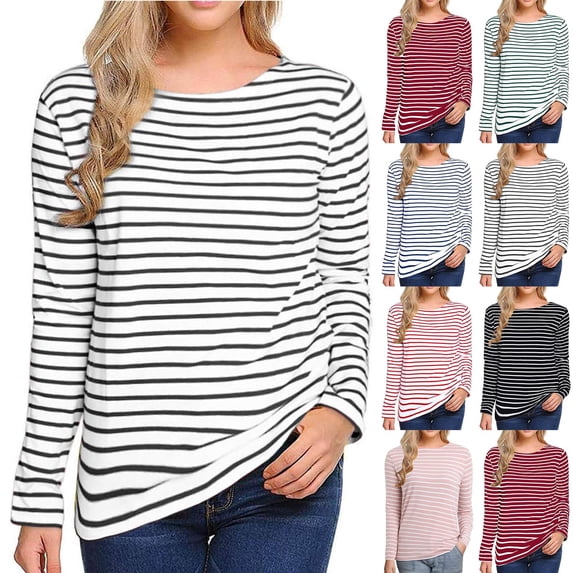 BiZtdJrK Todays Sale Womens Long Sleeve Tops 2025 Fashion Striped Shirt Loose Fit Drop Shoulder Crewneck Shirts Fall Casual Pullover Going Out Clothes Blue XL