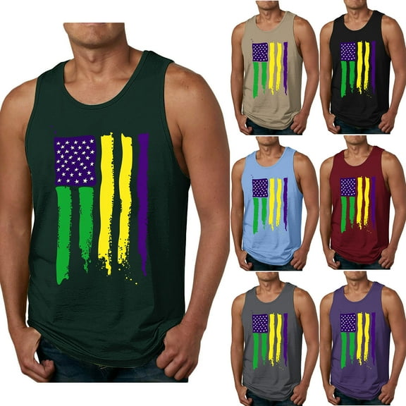 BiZtdJrK Todays Sales, Mardi Gras Flag Tank Tops for Men Big and Tall Workout Gym Shirts 2025 Summer Casual Sleeveless T-Shirt Vacation Beach Outfits Dark Gray M