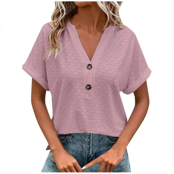 BiZtdJrK Tops Womens Summer Casual Button V Neck T Shirts 2024 Basic Solid Color Blouse Loose Short Sleeve Going Out Tunic Shirt Pullover Warehouse Deals Today Pink S