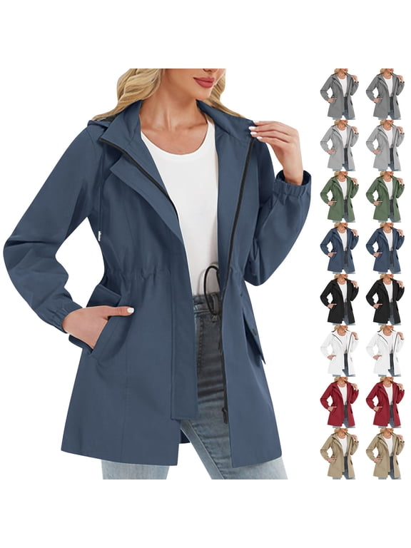 Trench Rain Coats for Women Waterproof Drawstring Waist Lightweight Hooded Trench Coat Zip Up Hiking Travel Outdoor Windbreaker with Pockets Wine L