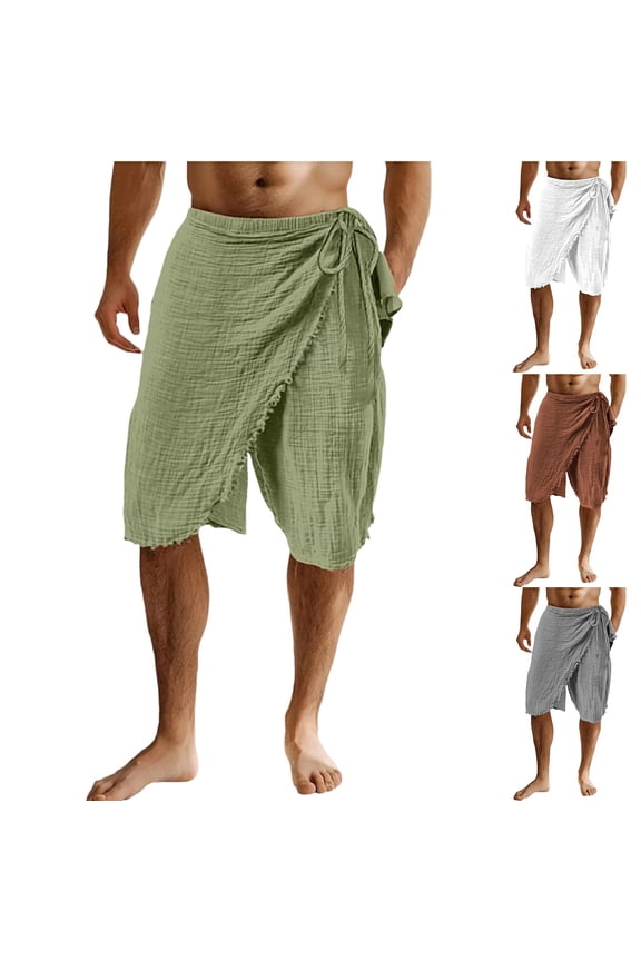 Trendy Beach Shorts Men Linen Sarong Wrap Side Tie Summer Shorts Knee Length Elastic Waist Breathable Cover Up Swimwear White M